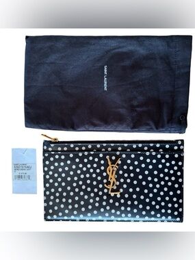 Authentic Saint Laurent Black Polka Dot YSL clutch with Gold Logo. Rare!